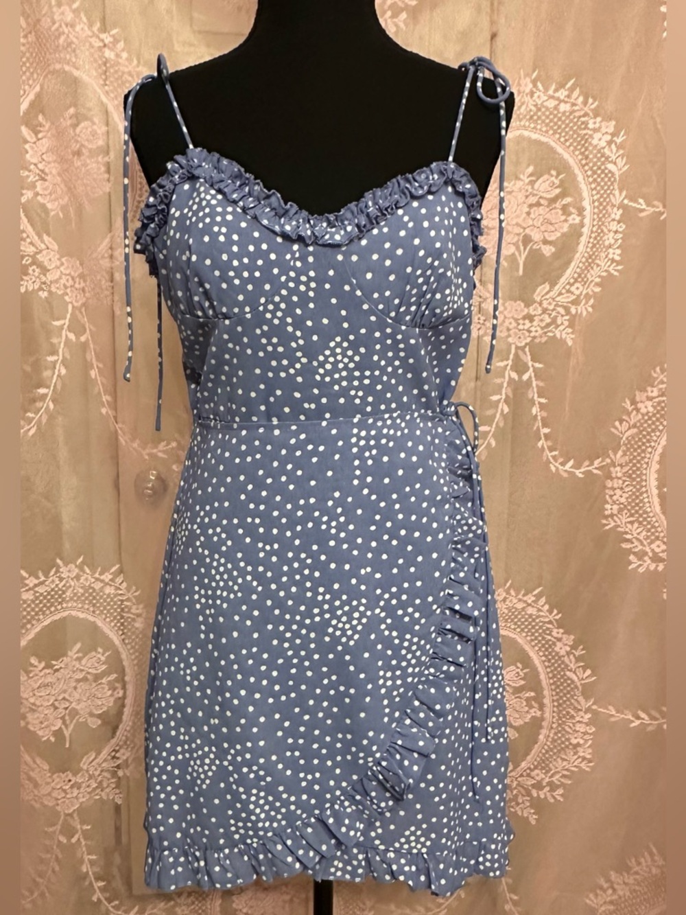 Zaful Women’s Blue and White Polka Dot Wrap Tie Waist Lettuce Hem Size 8